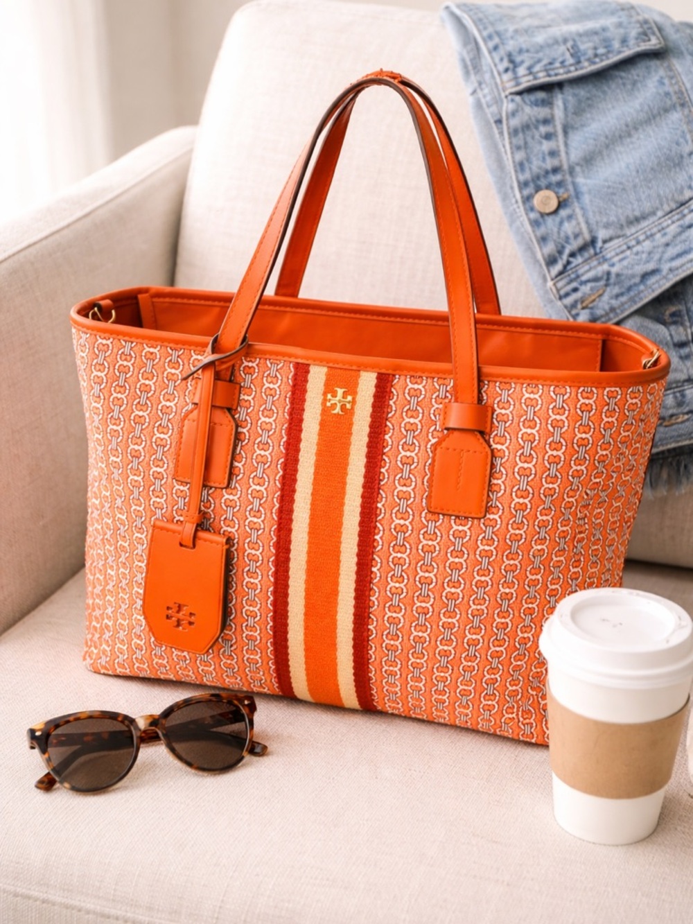 Tory Burch Orange Canvas Leather Tote Bag Logo Stripe Shoulder Bag